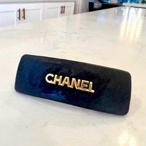 Vintage Chanel Leather Hair Clip Black and Gold - Stamp intact